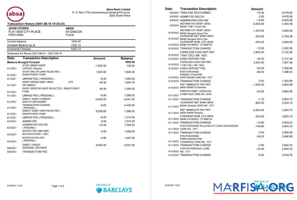 Printable South Africa ABSAbank statement 9 pages excel example